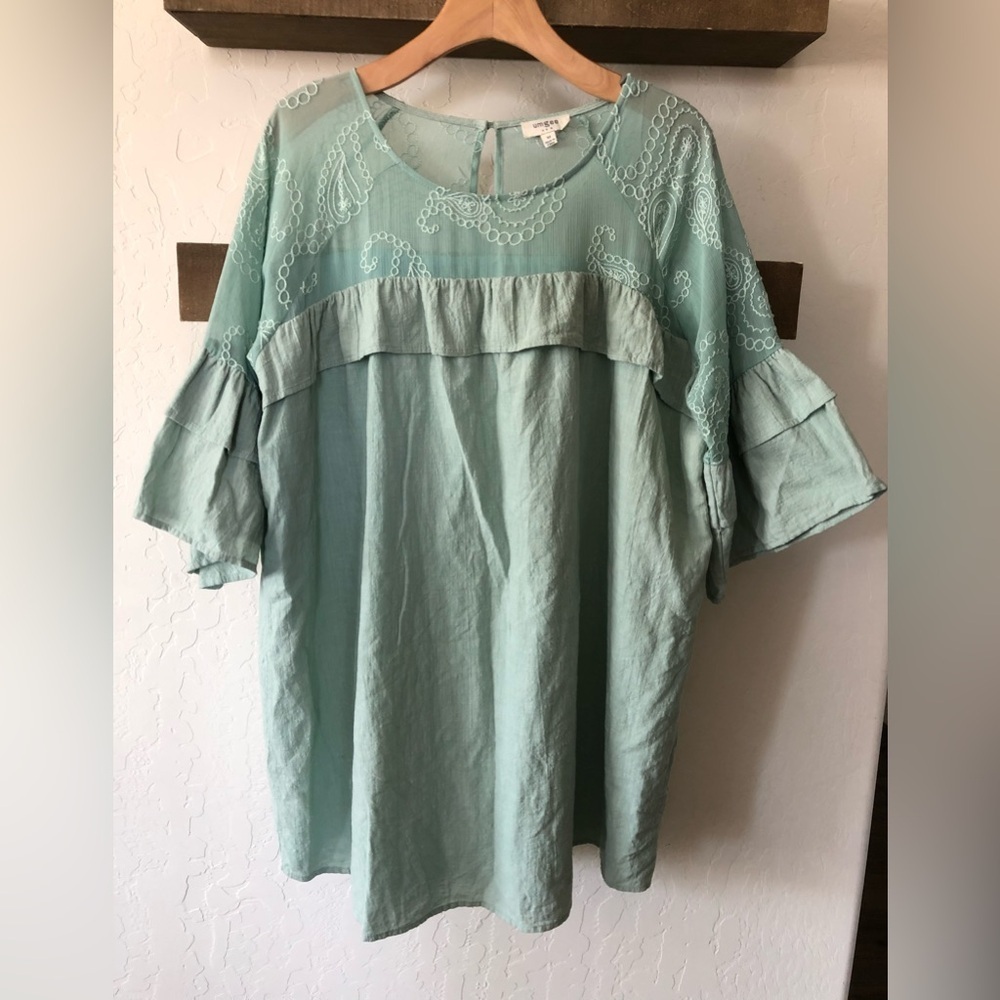 Umgee|Boho mint lace embroidered dress (or tunic top) with tiered ruffle sleeve•